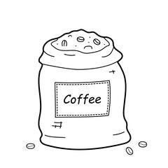 Coffee beans in burlap bag. Simple outline illustration, isolated on white background, design elements
