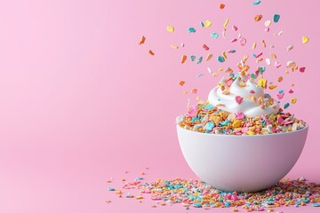Colorful cereal with yogurt in a bowl against pink background. 