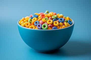 Bowl of colorful fruit loop cereal on a blue background. 