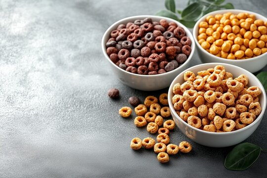 Assorted cereals in bowls with scattered pieces on gray background. 