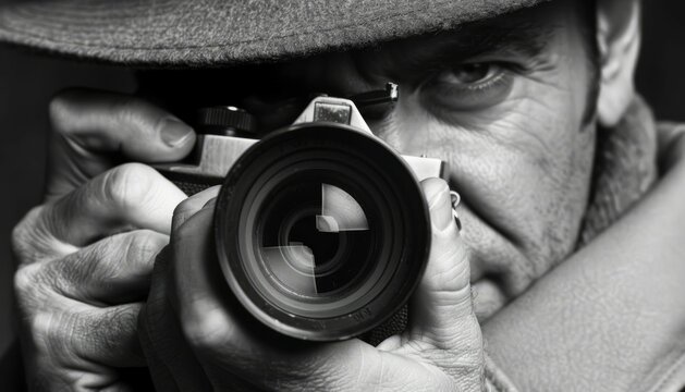 Man in hat looking through camera lens