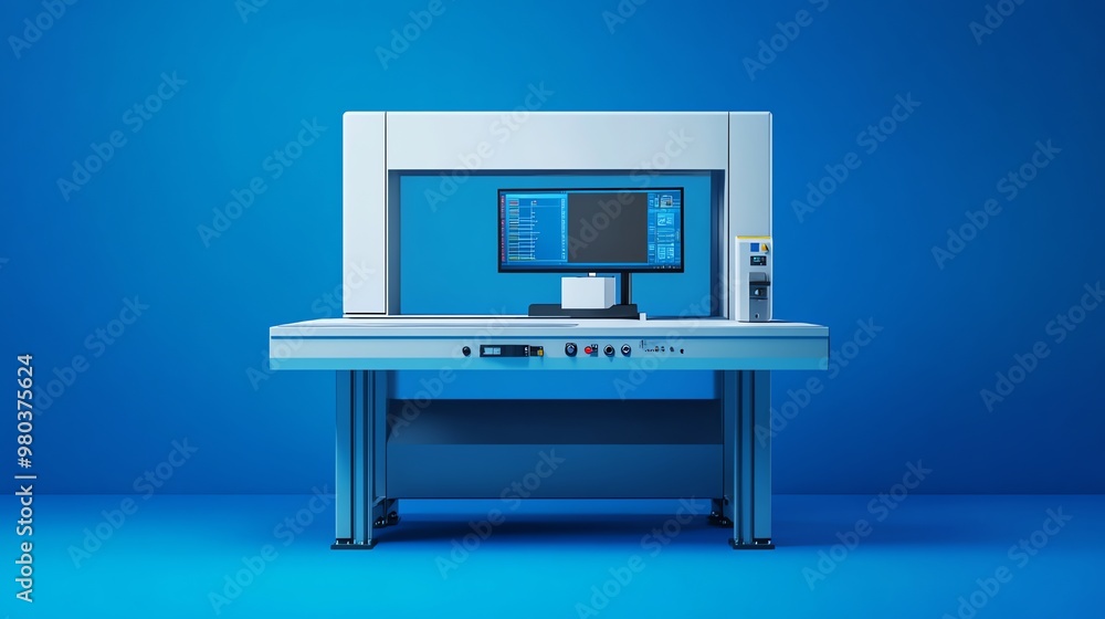 Poster industrial machine with a computer monitor and a control panel