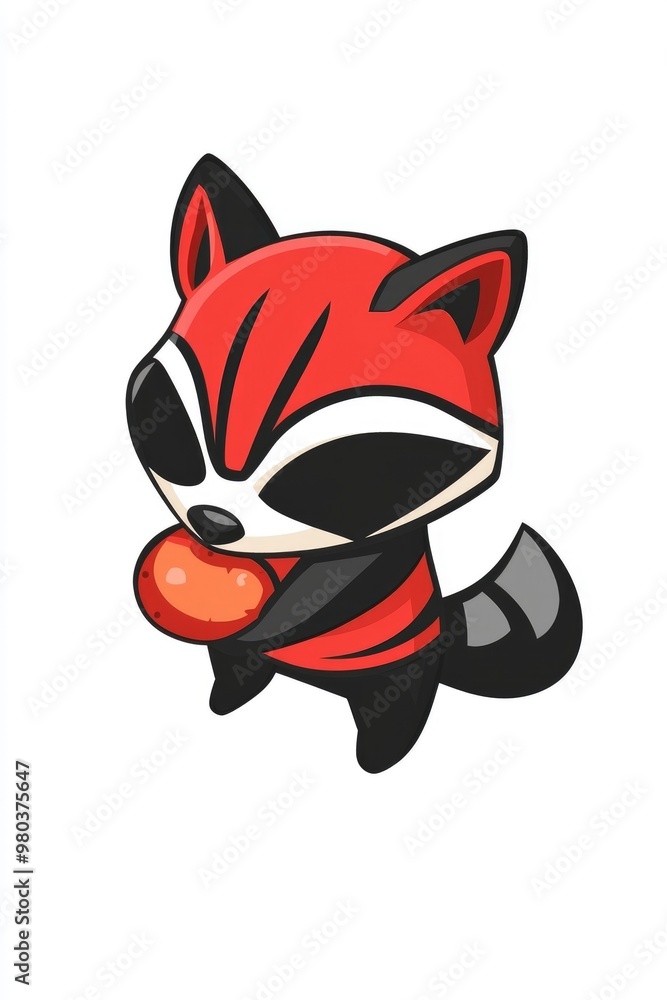 Sticker Cute Cartoon Raccoon Holding a Red Apple