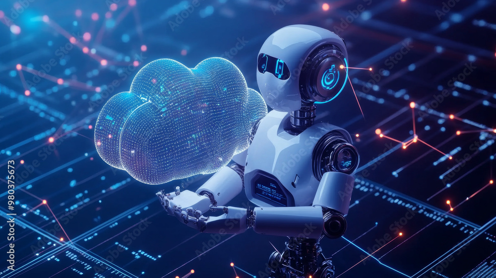 Poster ai robot interacting with data in digital cloud storage. the robot holds a cloud of data, representi