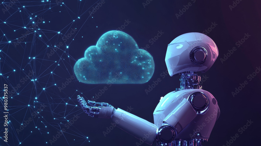 Poster ai robot interacting with data in digital cloud storage. the robot holds a cloud of data, representi