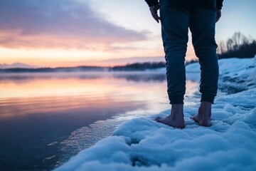 Barefoot man standing on snowy shore at sunrise
