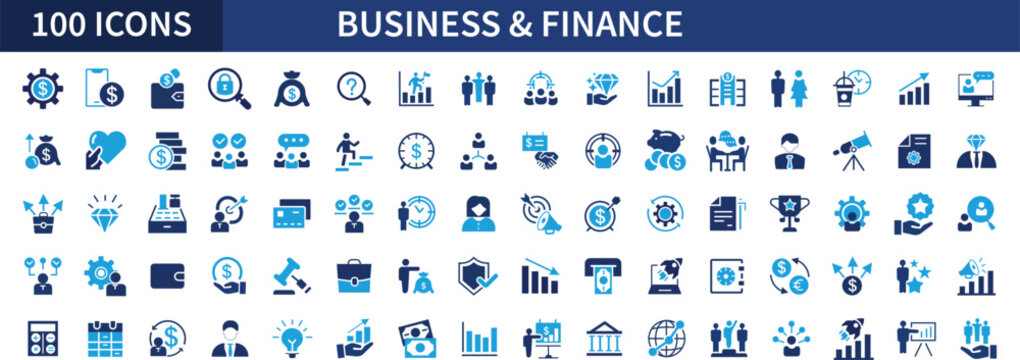 Business and finance flat icons set. Meeting, bank, money, partnership, payments, business team, wallet, profit, company, management, planning icons and more signs. Flat icon collection.