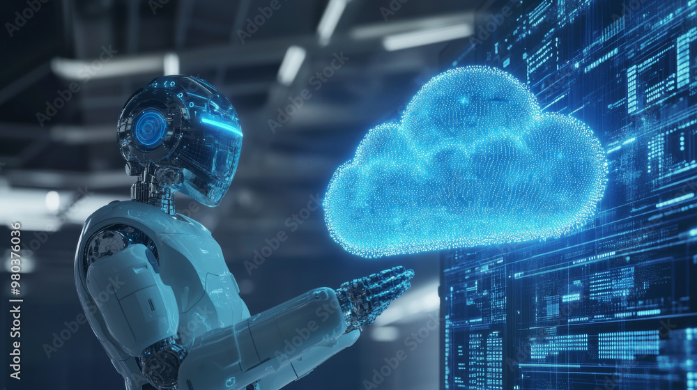 Poster ai robot interacting with data in digital cloud storage. the robot holds a cloud of data, representi