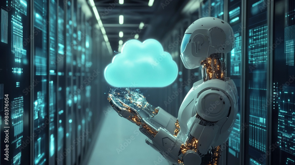 Poster ai robot interacting with data in digital cloud storage. the robot holds a cloud of data, representi