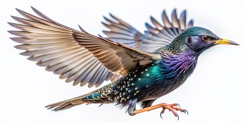 A majestic starling bird in mid-flight, spread wings and tail feathers glistening, isolated on a transparent background, showcasing its iridescent plumage in stunning detail.