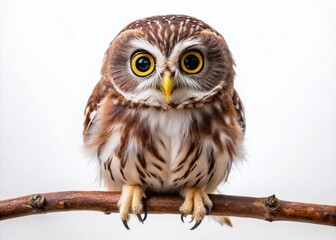 Obraz premium Adorable elf owl with white and brown feathers, big round eyes, and tiny beak perches on a branch against a clean white studio background.