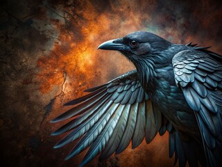 Fototapeta premium Halloween background with black raven feathers on dark grunge backdrop Horror gothic abstract design with copyspace Closeup of bird wing texture : Generative AI