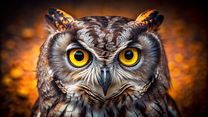 Obraz premium A fiercely intense screech owl with vibrant yellow eyes and sharp, hooked beak dominates the frame in a stunning, high-contrast wildlife close-up portrait.