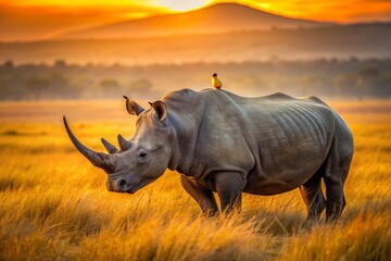 Obraz premium Solitary rhinoceros with an oxpecker on its back basks in warm, golden light of dusk, set against a serene African savannah landscape.