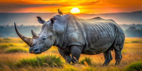 Fototapeta premium Majestic rhino stands tall, its gray skin glistening with evening dew, as oxpeckers perch on its back, basking in the warm glow of a vibrant sunset.