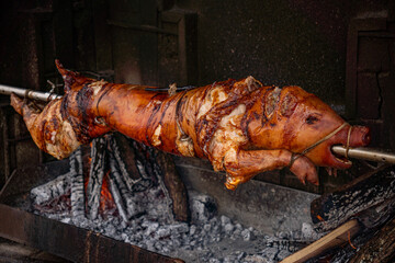 Suckling pig on a spit, evenly rotated over hot ashes - a traditional way of preparing the meat. Local specialty in Croatia.