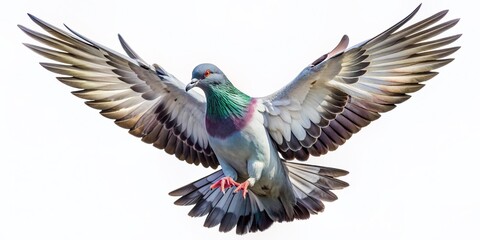 Majestic pigeon in full flight, wings outstretched, soars against a transparent background, showcasing its gray and white feathers in crisp, high-resolution detail.