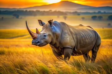 Obraz premium Majestic rhino stands tall in savannah grasslands, sun-kissed oxpeckers perch on its rugged skin, basking in warm golden hour light with tranquil atmosphere.