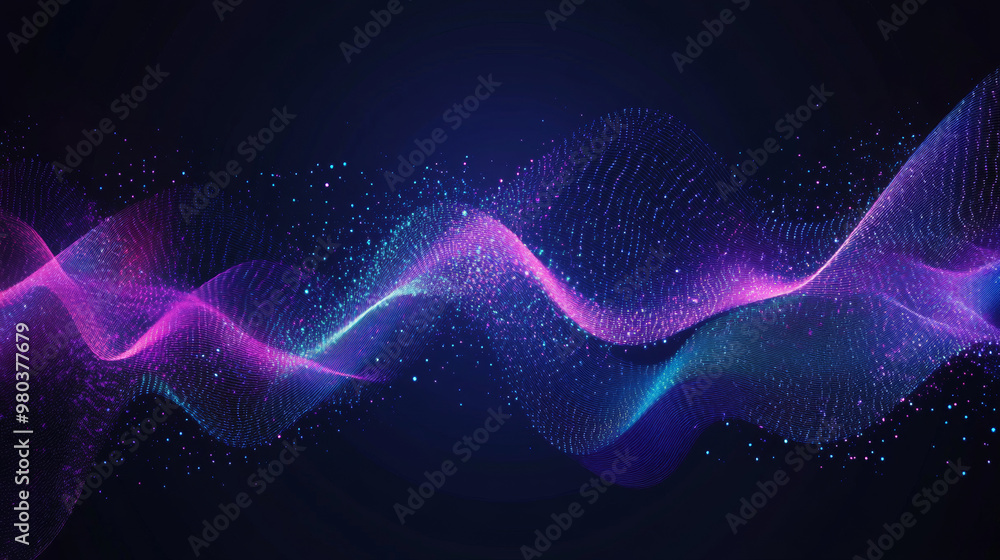 Poster Isolated radial sound wave pattern with luminous particles. Audio frequency waveform, music wave, circular bar, voice signal graph. Vector illustration.