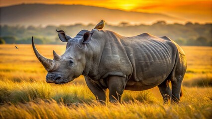 Obraz premium Majestic rhino stands calmly in a serene savannah landscape, oxpeckers perched on its back, as warm golden hour light illuminates the tranquil African wilderness scene.
