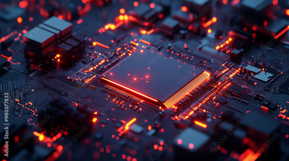 Poster cpu: an abstract digital chip representing a computer processor with electronic components on a moth