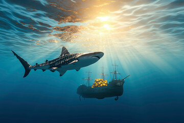 Naklejka premium Whale shark swimming near a sunken pirate ship, treasure visible, 3D illustration