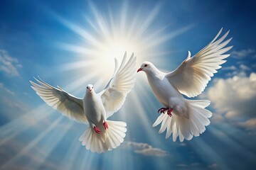 Two serene white doves in gentle flight, wings spread wide, against a soft blue background, symbolizing peace, love, and harmony in perfect synchrony.