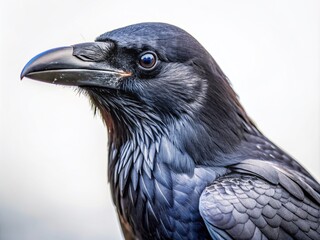 A solitary crow with glossy black feathers and a sharp beak perches confidently on a pure white background, showcasing its mysterious and intelligent gaze.