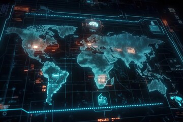 Obraz premium A futuristic world map display featuring glowing data points and digital connections for tech and global communication themes.