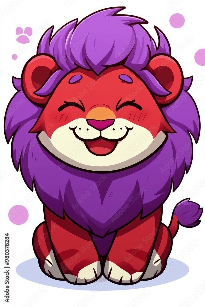 Poster cute cartoon lion with purple mane smiling