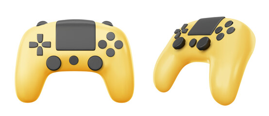 Yellow video game console control joystick. Realistic 3d vector illustration set of computer gamepad with sticks and buttons. Electronic hand joypad. Player controller for leisure and entertainment © klyaksun