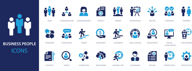 Business people icons set. Human resources, office management - thin flat web icon set. Businessman outline icons collection. Outline icons collection.
