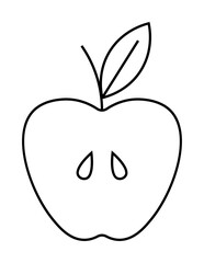 A minimalistic black outline of an apple with a single leaf and two seed shapes inside, all set against a white background. Ideal for educational materials, design projects, fruit-related themes, heal