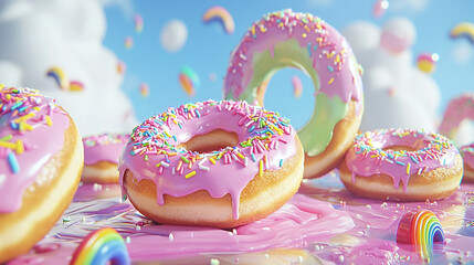 A close-up of a colorful donut with pink icing and sprinkles, isolated on a white background, showcasing a delicious sweet pastry