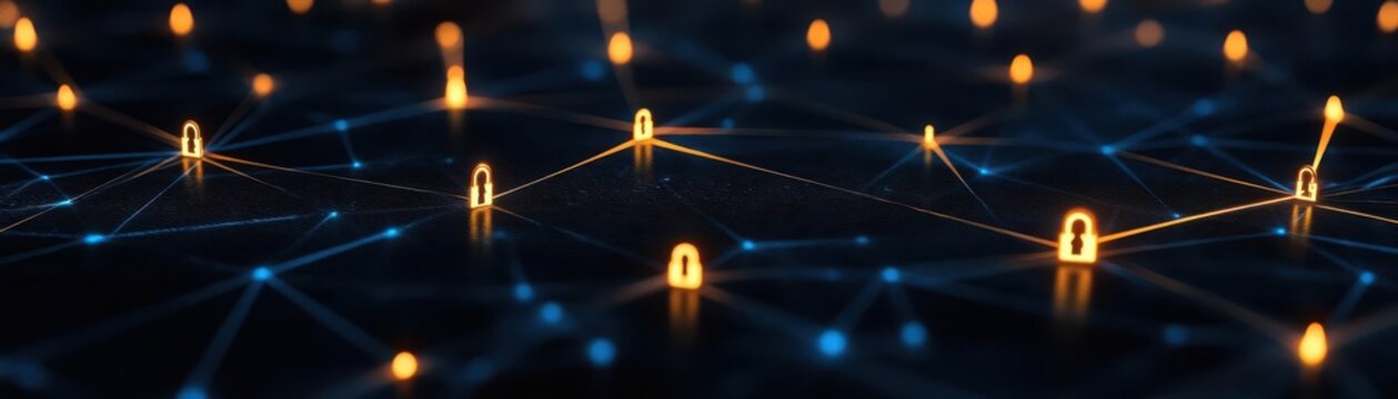 Abstract digital network with glowing locks, representing secure data connections and modern technology.