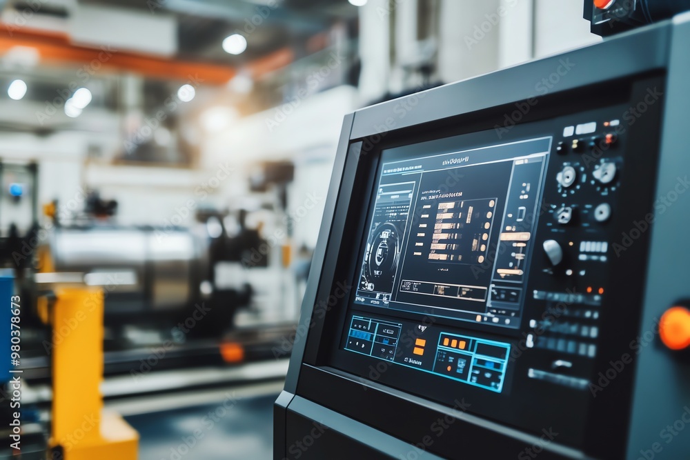 Poster close-up of industrial machine control panel with data display