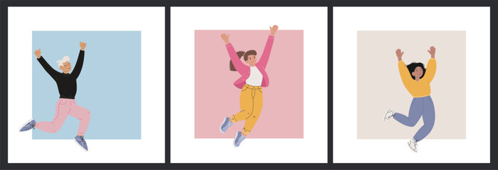 Set of Posters Featuring Happy People Jumping with Joy