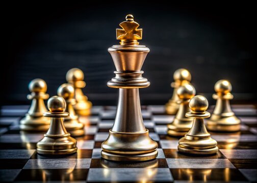 Isolated chess board with a solitary king piece surrounded by pawns in strategic positions, evoking themes of artificial intelligence and strategic decision-making.