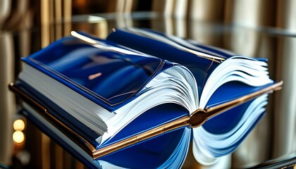 Elegant blue journal with pristine pages, reflecting a serene ambiance, embodying success and...