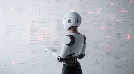 Naklejka premium AI assistant analyzing customer reviews, extracting key data points like date, product, rating, summary, action items, AI's role in enhancing business decisions on minimalist white background