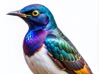 Fototapeta premium Majestic swift starling with iridescent plumage and striking white patches on its forehead, isolated on a transparent background, showcasing its vibrant colors and sleek silhouette.