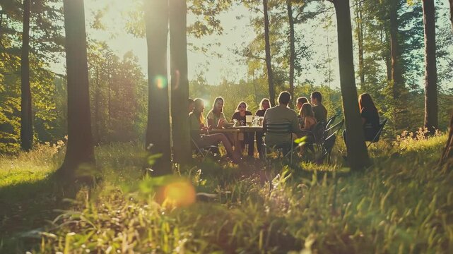 Sunlit forest clearing. Group engages in art class. Tall pine trees surround. Soft grass underfoot. Golden hour light filters through branches. Warm, inviting atmosphere. Creative energy palpable.	