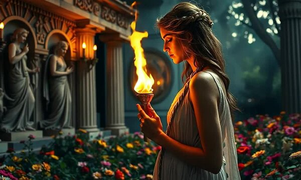 Persephone, goddess of spring and the underworld. As she walks, the scene changes to a dark and mysterious garden.