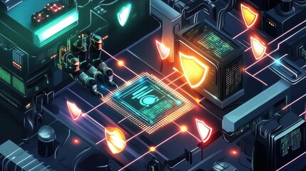 Fototapeta premium Futuristic digital circuit with glowing elements, showcasing advanced technology and data protection concepts.