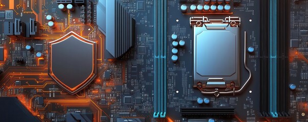 Fototapeta premium High-tech circuit board featuring a shield and processor, showcasing modern technology in digital design.