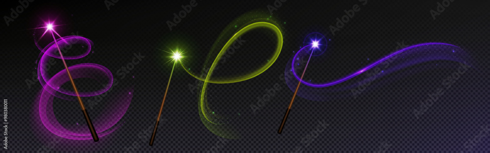 Aufkleber magic wand with fairy colorful swirl light trail with sparkles and glitter. realistic 3d vector set 