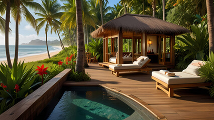 tropical beauty spa set in a lush jungle, with wooden walkways leading to private massage huts