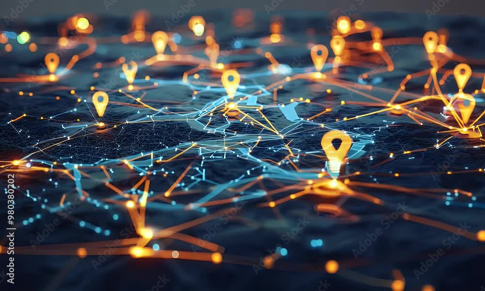 Poster animated digital map featuring interconnected location pins, symbolizing global network connectivity