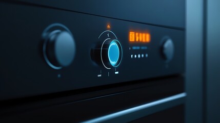 Close-up of a Blue Illuminated Knob on a Black Oven Control Panel