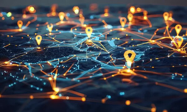 Animated digital map featuring interconnected location pins, symbolizing global network connectivity and geographic information technology. Animation concept of geolocation maps for business.